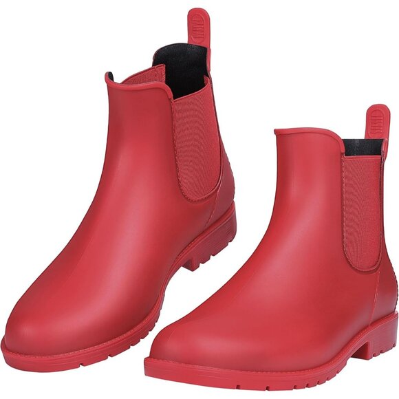 Women's Red Pointed Toe Waterproof Chelsea Double Elastic Ankle Rain Boots - Picture 3 of 7
